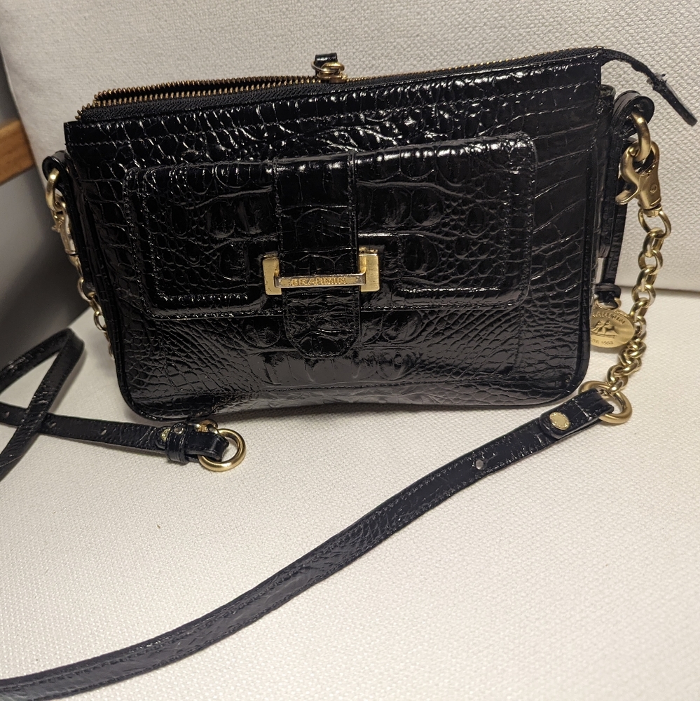 Brahmin Crossbody Bag Croc Embossed Black Front Pocket